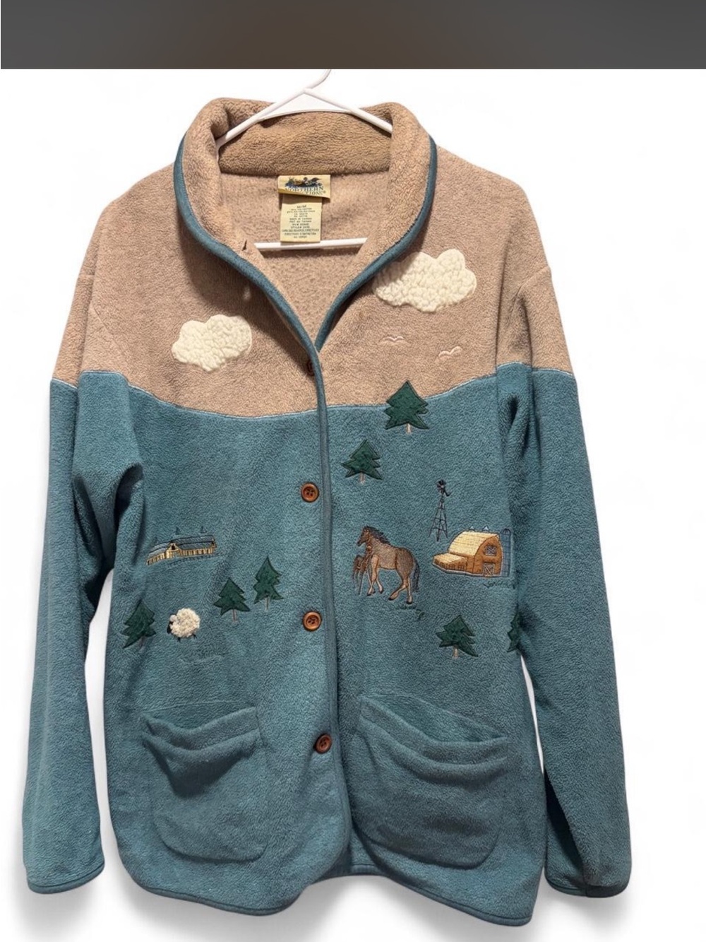 Northern Reflections Two-Tone Embroidered Fleece Cardigan - Blue & Tan